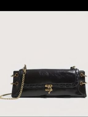 Black Faux Leather Chain Shoulder Bag with Gold Hardware
